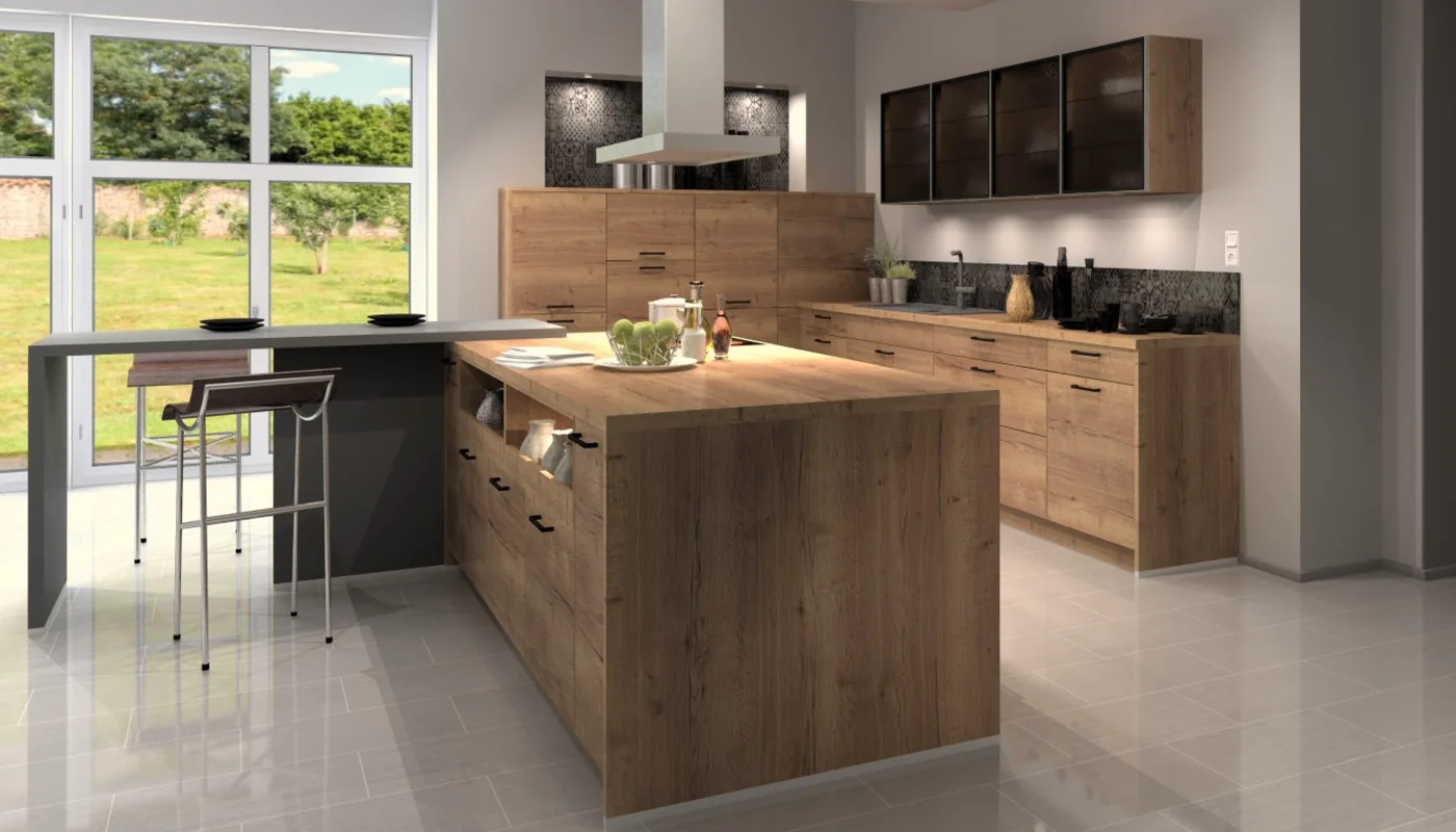 Cuisine bois avec îlot et lumière naturelle — exemple de rendu de la galerie officielle Winner Flex de Compusoft / Cyncly